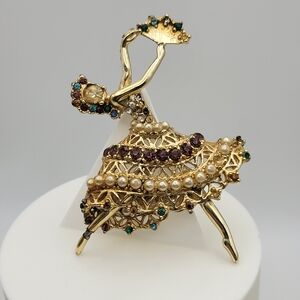 Vintage Gold Ballerina Brooch with Pearls and Gem Accents